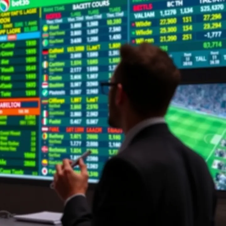 Betting odds and statistics displayed on a digital screen for European football matches