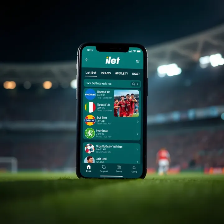 Illustration of a smartphone displaying the Ilot Bet app interface with betting options and live match updates