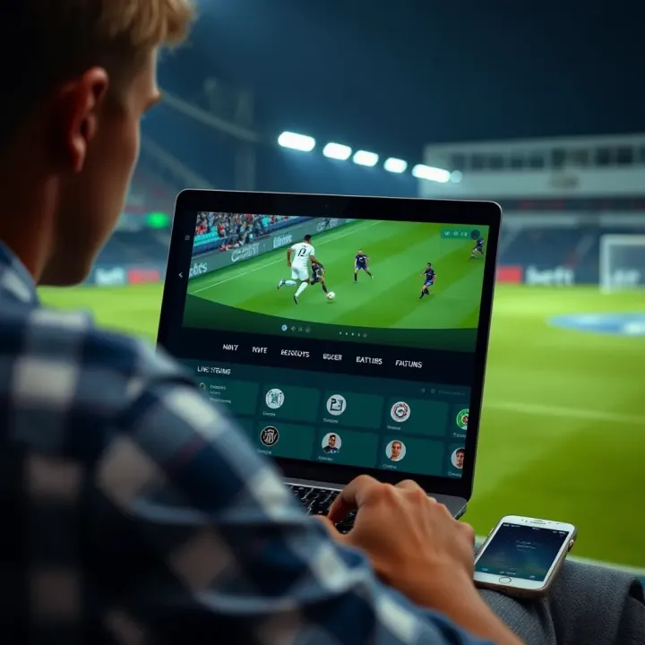 Laptop displaying a live soccer match stream with betting options on screen