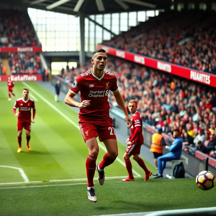 Liverpool FC players in action on the field during a Premier League game with fans in the background