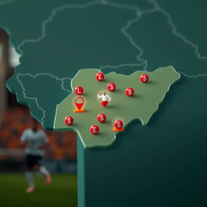 Map highlighting Nigeria with icons representing legal and financial aspects of sports betting