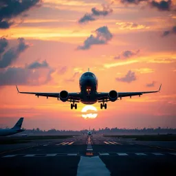 Commercial airplane taking off from runway during sunset at Nigerian airport