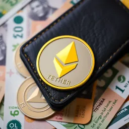 Digital wallet with Tether cryptocurrency symbol over Nigerian Naira currency background